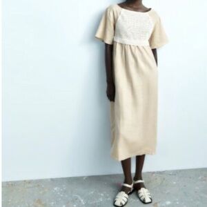 Zara Linen Crochet Beige Midi Dress